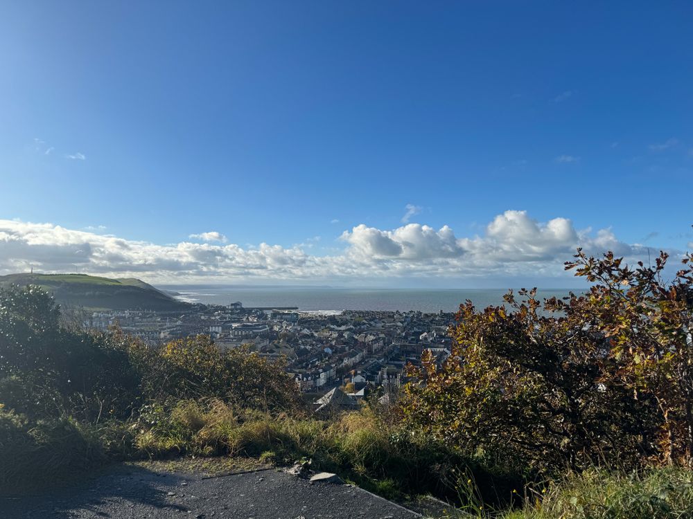 View of a Welsh seaside town (Aberystwyth). Shrubbery in the foreground. Hills and sea and clouds in the background.