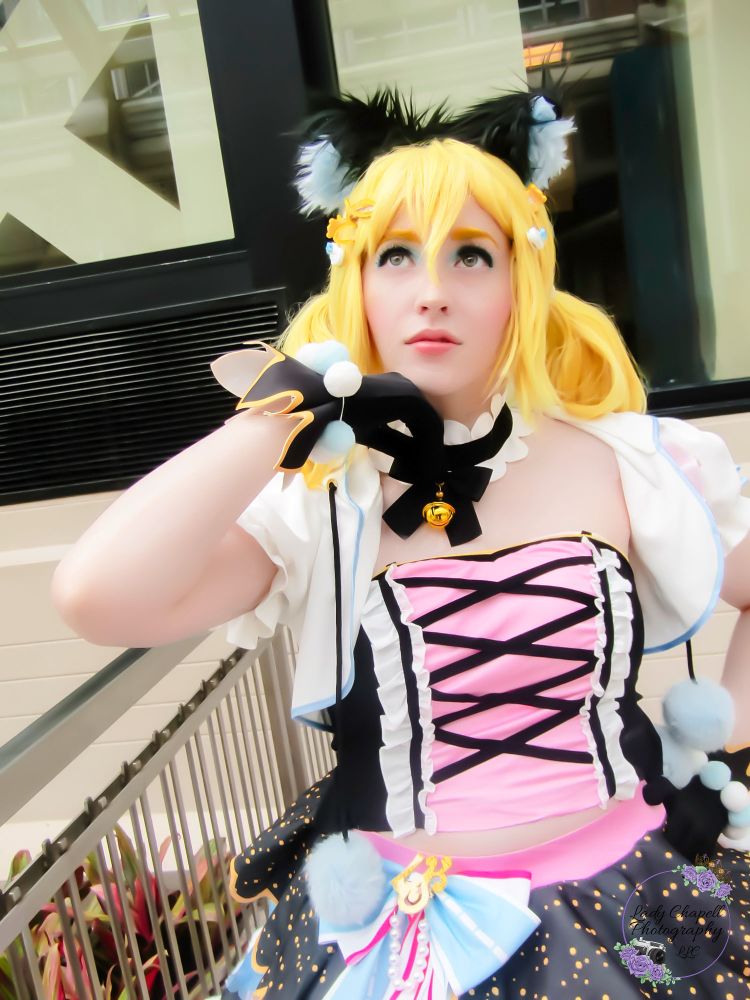 Eden as Eli Ayase from Love Live in Twintails outfit close up looking away dramatically