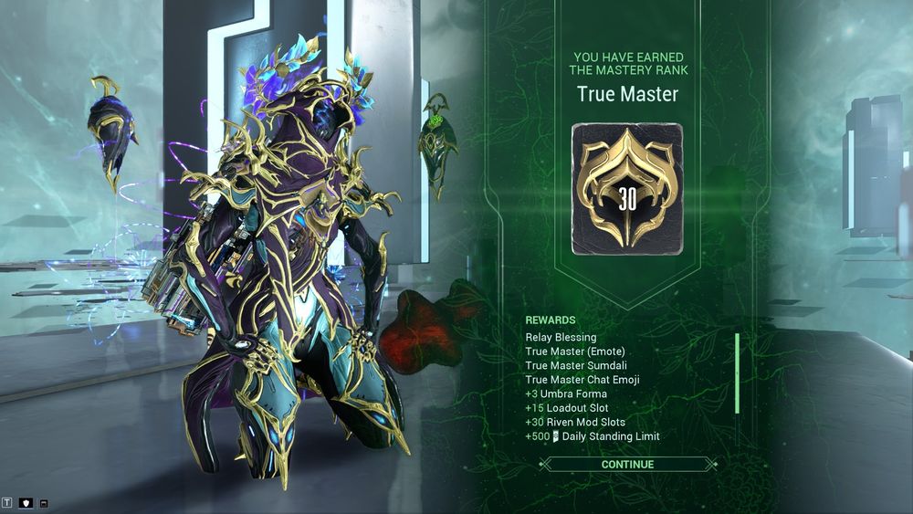 Screenshot of Warframe showing a kneeling Wisp and mastery rank 30 achieved