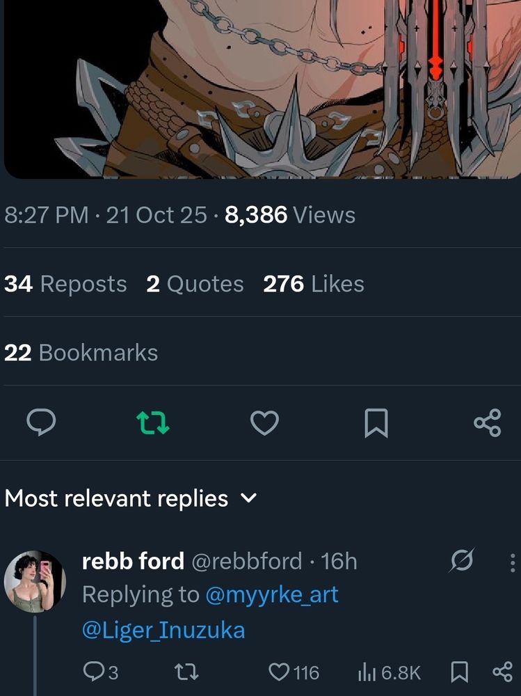 Screenshot of the replies under my fan art with Rebb tagging Liger. 