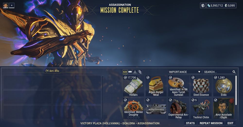 Screenshot of "end mission" screen of the Apex Tank fight from Warframe 1999.