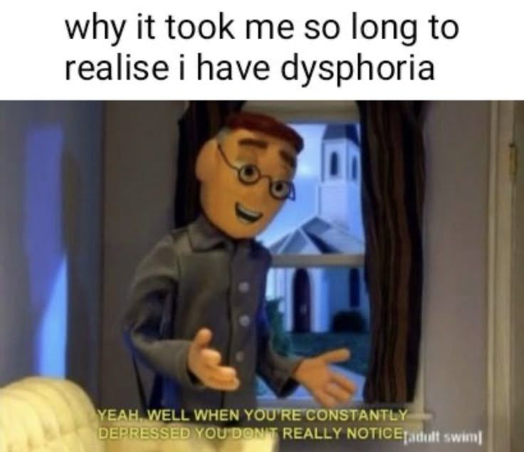 a meme that reads "why it took me so long to realize I have dysphoria" 
A photo of a masculine puppet is shown, gesturing broadly/possibly talking with his hands. he says "yeah, well when you're constantly depressed you don't really notice" 