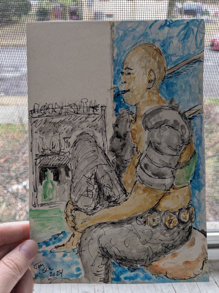 Painting of Rissa sitting on a cushion with one leg dangling off an undefined edge and one leg propped up and bent. She has her hands clasped around her bent leg near the ankle. The angle of the painting has her in profile, with a corner behind her showing a blue wall and shelves and a white wall with a piece of storage furniture up against it. She wears black pants, green bralette, disc belt, and leather armor around her shoulders. The paint is watercolor or gouache with lots of line drawing in what appears to be black pen. It is signed "Jim Sch 2024".