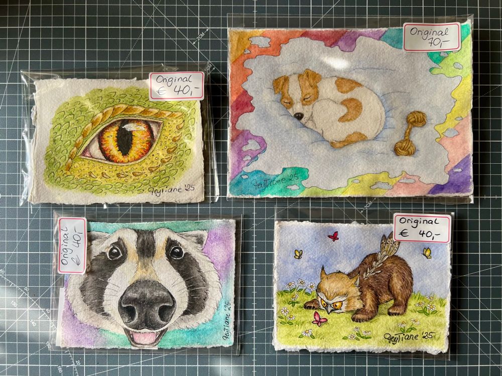 Drei A6 Bilder: gelbes Drachenauge, Waschbären Schnute, Eulenbär sowie ein A5 Bild: schlafender Welpe