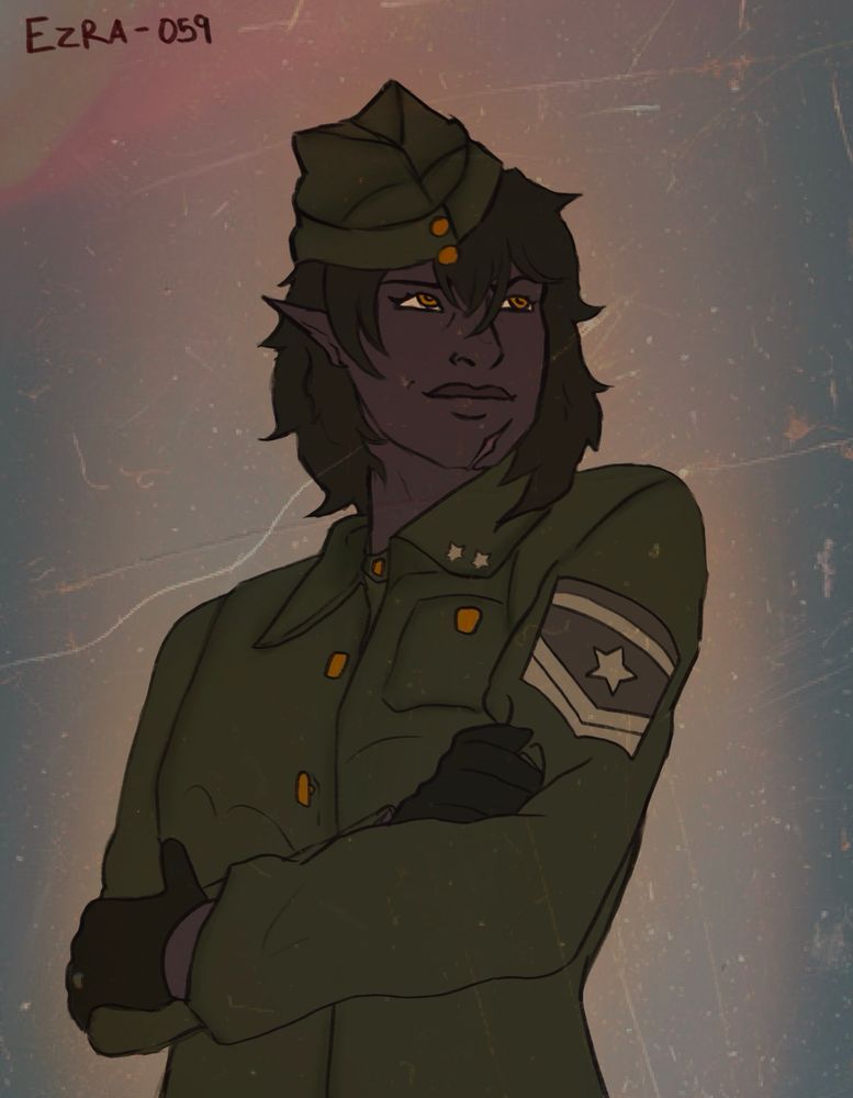 Lace (aka Ezra) - she was a soldier in her world’s civil war, rising through the ranks and with her mother being general she became very decorated before loss drove her to flee planet.