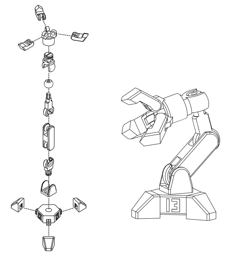 Line art illustration of assembling a 3D printed robot arm.