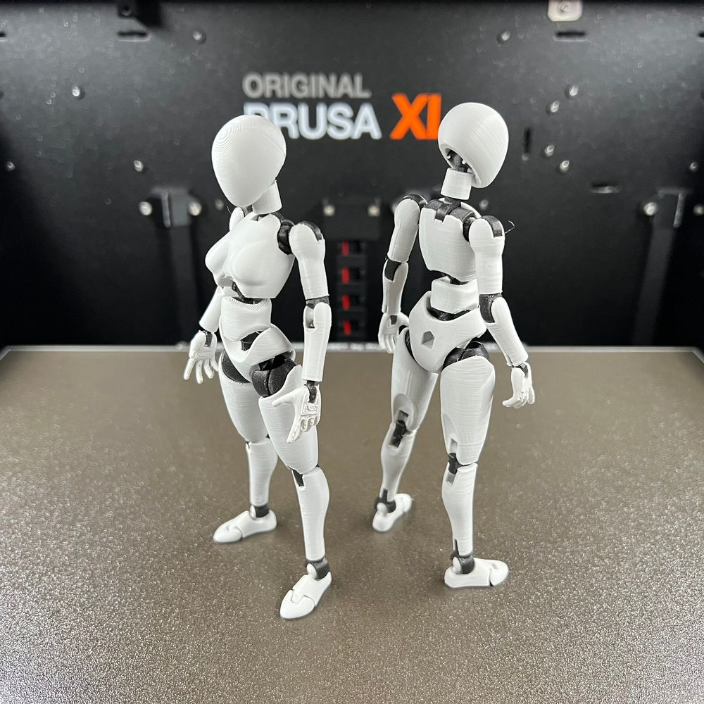 Two identical 3D printed action figures with a feminine build. They are printed in a light gray material with darker joints. The two figures are posed back-to-back in neutral standing positions showing the front and rear of the design. The background is a Prusa XL 3D printer.