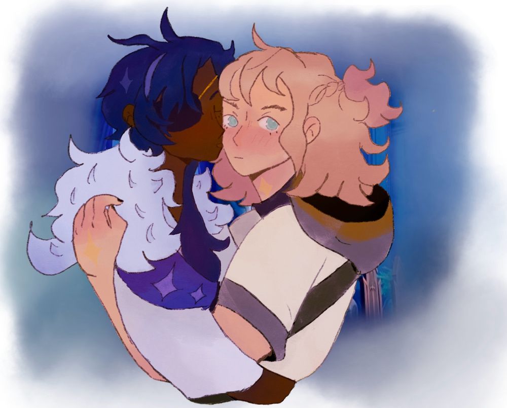 Kaeya and Albedo from genshin impact, two young adult men holding each other, Kaeya dark skin, long dark blue hair kisses Albedo cheek, Albedo has fair skin medium blonde hair and a 4 star point shape on his neck.