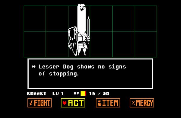 The battle screen from the game Undertale. The text reads "Lesser Dog shows no sign of stopping." The image is of a dog standing upright in a suit of armor holding a sword and shield, and the dog's neck has extended so far that its head is barely visible off the top of the screen. 