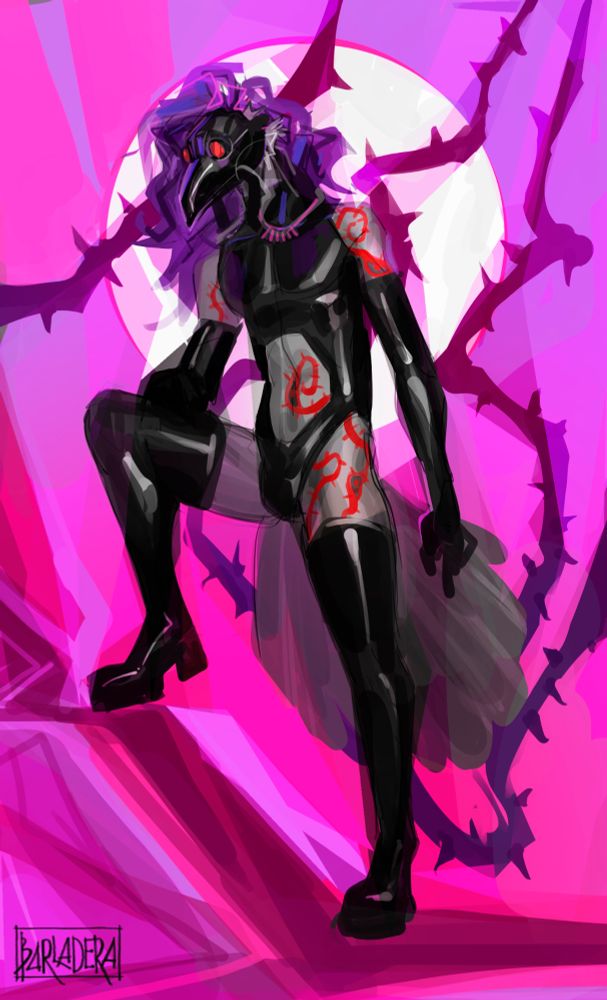 digital painting of an anthropomorphic raven in latex gear, with a vibrant pink and purple background 