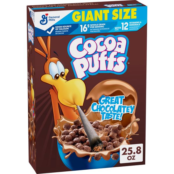 the cocoa puff bird is hitting that zaza on the front of a box of coca puffs. it might be edited