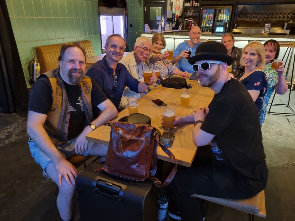 Member of the Birmingham Science Fiction Group with James Brogden at the Kielder bar with beers