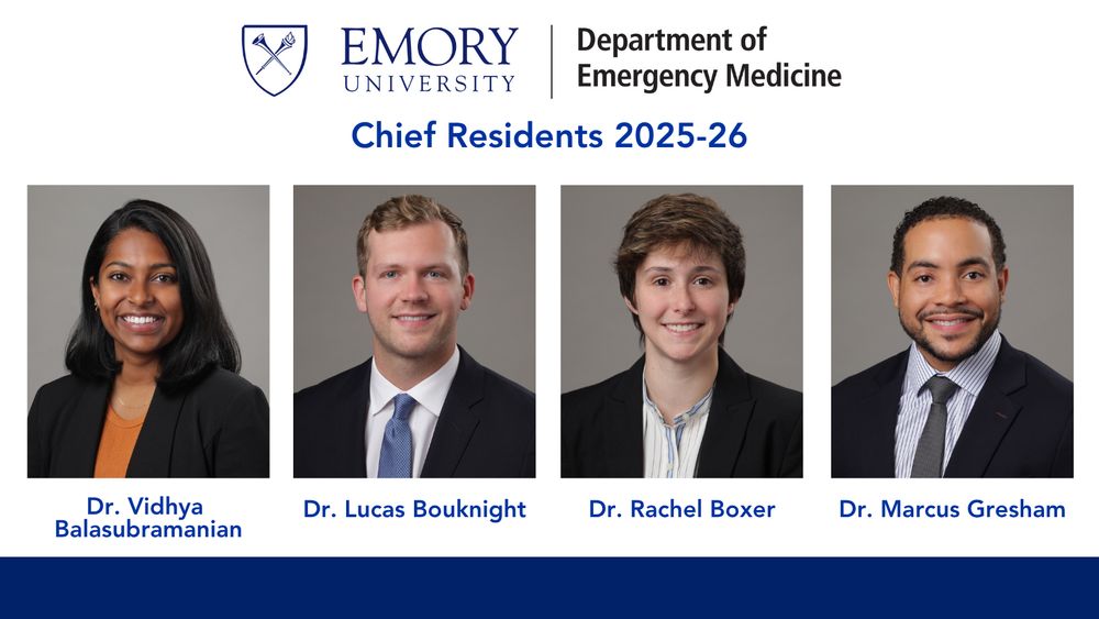 Emory EM Residency's Chief Residents from the Class of 2026: Dr. Vidhya Balasubramanian, Dr. Lucas Bouknight, Dr. Rachel Boxer, Dr. Marcus Gresham