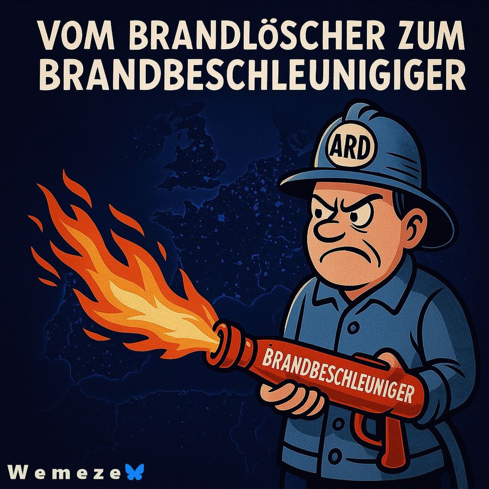 Karikatur eines grimmigen Feuerwehrmanns mit 'ARD'-Helm, der statt Wasser Flammen aus einem Schlauch mit der Aufschrift 'Brandbeschleuniger' auf eine nächtlich beleuchtete Karte Europas richtet. Darüber steht der Text: 'Vom Brandlöscher zum Brandbeschleuniger'.