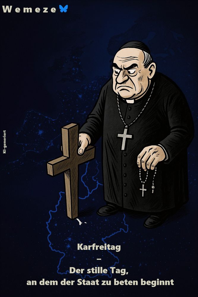 Karikatur eines grimmig dreinblickenden Geistlichen in schwarzer Soutane, der ein großes hölzernes Kreuz in eine nächtliche Satellitenkarte Europas rammt – mit Fokus auf Deutschland. Der Kleriker hält in der anderen Hand einen Rosenkranz; der Titel 'Karfreitag – Der stille Tag, an dem der Staat zu beten beginnt' verweist satirisch auf den Einfluss der Kirche auf staatliche Regelungen.