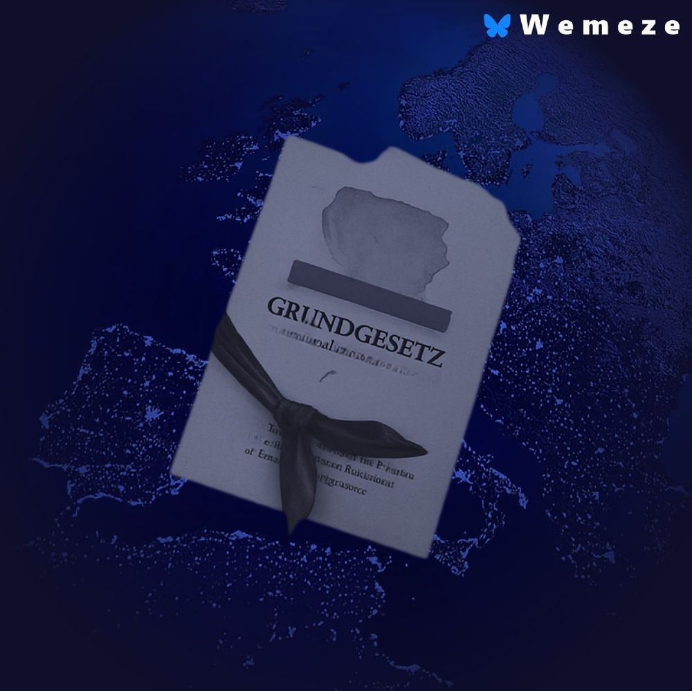 Ein schwebendes Exemplar des Grundgesetzes für die Bundesrepublik Deutschland, das mit einem schwarzen Band umwickelt ist, befindet sich über einer Weltkugel, die vor einem dunklen blauen Hintergrund mit Sternen schwebt. Im oberen rechten Bereich des Bildes ist das Logo der Marke Wemeze zu sehen.