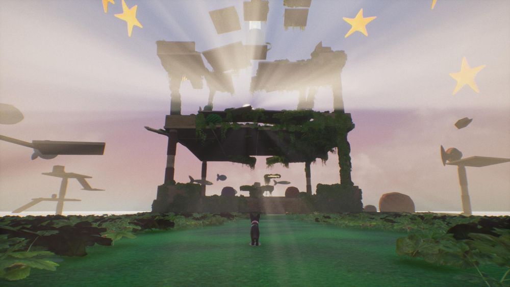 Game: Mama Kitty (2022)

Image shows the rear of a small, plush black cat looking at an imposing structure in the distance. This structure is made of the same materials as a cat tower, and is partially collapsed and overgrown with moss.  Balls of yarn are strewn about. Other cat towers are visible on both sides of the structure. The ground is grassy and covered in shrubs. The sky is a pinkish blue, and the sun is partially obscured behind the large structure, tesselating crepuscular rays towards the viewer. Large, five-pointed stars dot the sky, as well as a few floating fish.