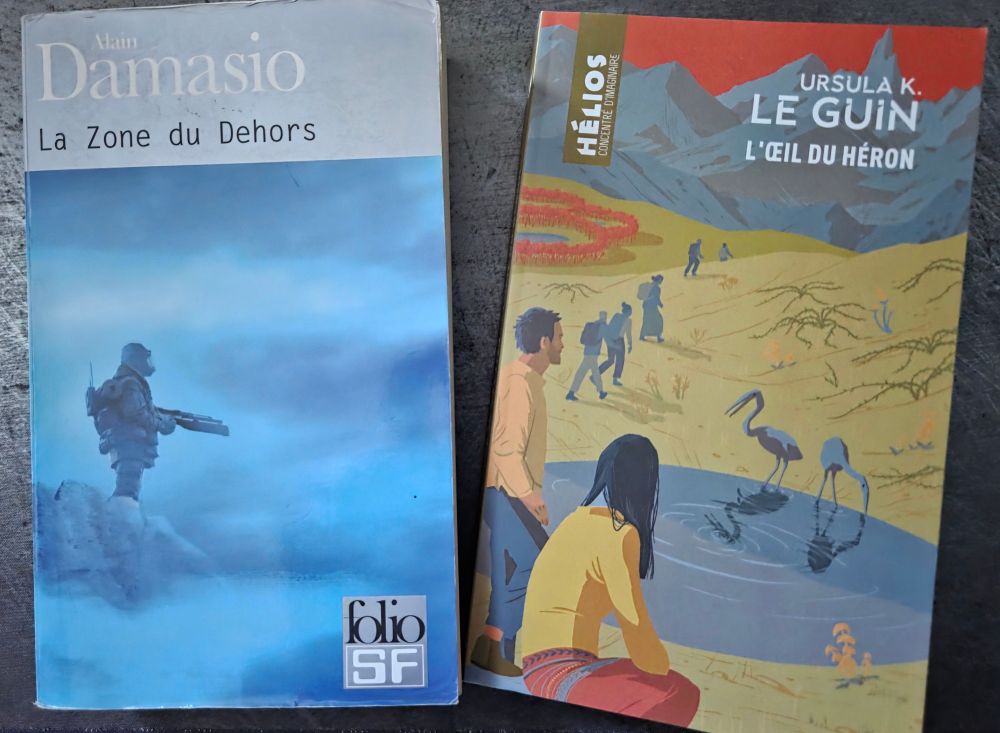 Couvertures des livres La Zone du Dehors d'Alain Damasio et L'œil du Héron d'Ursula Le Guin.