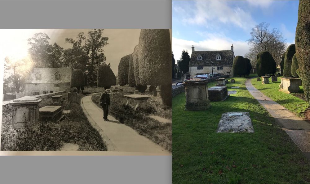 Old photo of Painswick churchyard with unmown grass contrasting with recent photo with mown grass.
