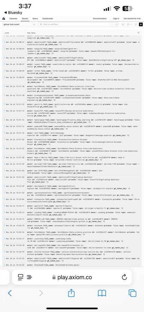 Screenshot of Bluesky log dataset at Axioms playground