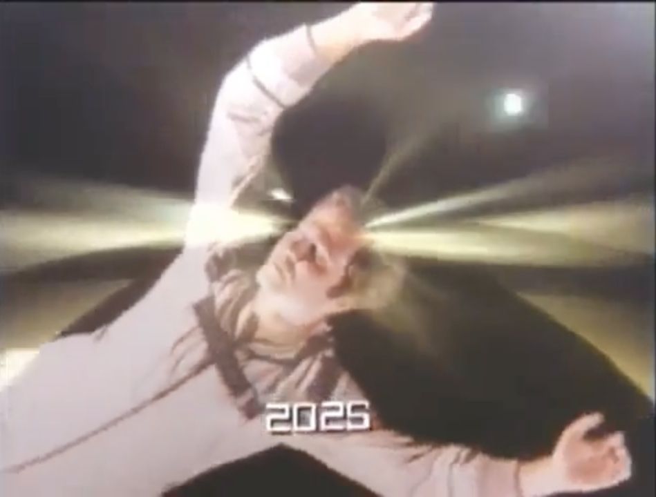 Buck Rogers swirling through time and space, with the caption "2025"