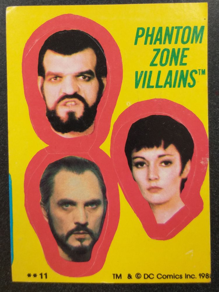 SUPERMAN II trading card sticker blurbed "THE PHANTOM ZONE VILLAINS," featuring the faces of General Zod, Ursa, and Non. 