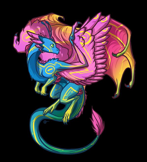 digital art. adopt of a flight rising skydancer dragon with bright pastel colouring. its genes are iridescent primary, shimmer secondary, and circuit tertiary.
