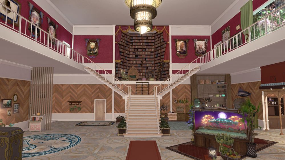 ffxiv screenshot of a large house interior. a shot from the front door, from where you can see the stairs at the back, an aquarium on the right side, a few decorations on the left, and portraits of the scions along the second story walls.