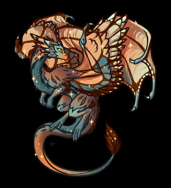 digital art. adopt of a flight rising skydancer dragon with peach and teal colouring. its genes are flaunt primary, butterfly secondary, and sparkle tertiary.