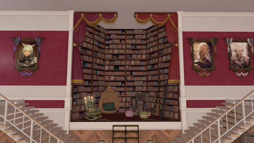 ffxiv screenshot of a large house interior. close up on the staircase landing. in an alcove in the wall, framed with tied-back red curtains, there's a floor-to-wall bookshelf, a pile of books, a ladder, and some seating.