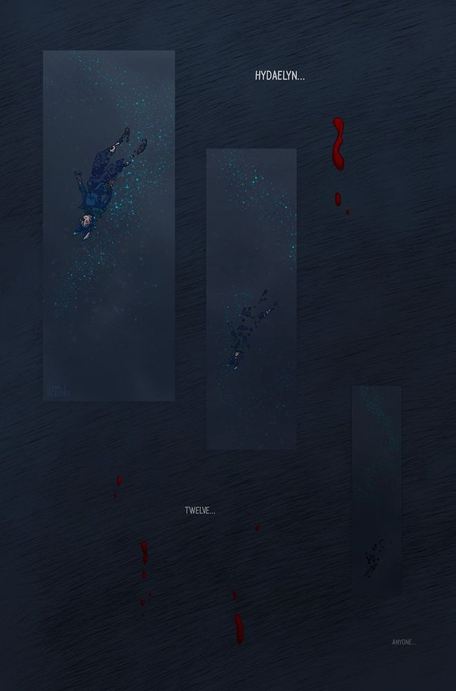 Comic page (4 of 12)

Against an even darker blue background, three vertical panels descend in size, opacity, and position from left to right. In each one Xephre is further and further away, dissolving into nothing. Text outside the panels, getting smaller and darker throughout, reads: "Hydaelyn... Twelve... Anyone..."