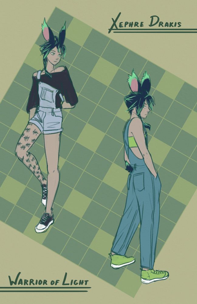 digital art. two sketches of xephre, a viera (person with bunny ears from final fantasy 14). on the left they're wearing light blue overall shorts over a loose black shirt with a wide collar and cropped sleeves, as well as black converse. their right leg is covered in tally mark tattoos. on the right they're in full length overalls in a tealish off-blue, slightly chunkier lime green shoes, and a lime bandeau. the background is made up of an angled grid of squares, some of which are filled in.
