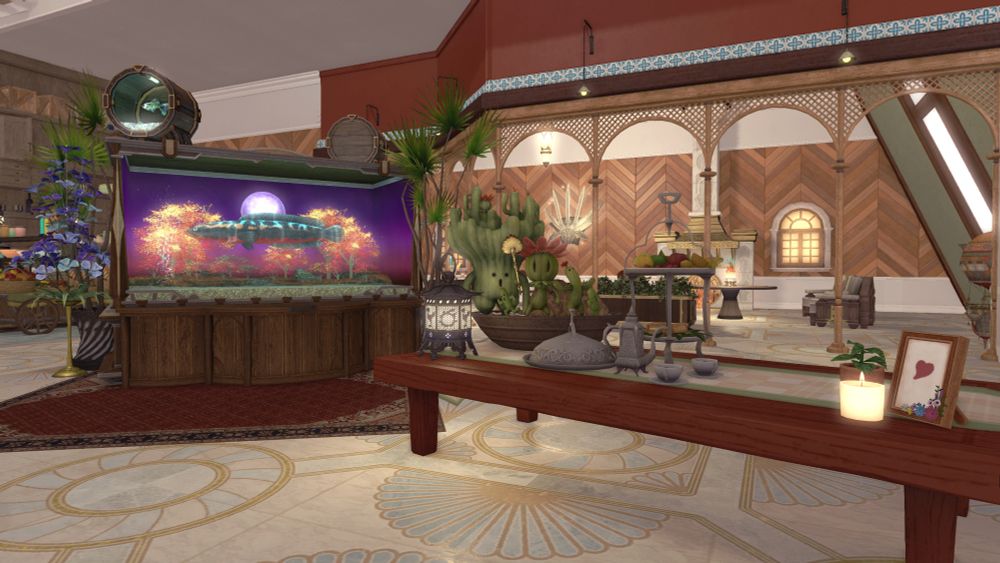 ffxiv screenshot of a large house interior. this shows the right side of the main floor, highlighting a large fish tank with a long blue fish in it, plus a long table which holds plants, a candle, a picture frame, and a tea set.