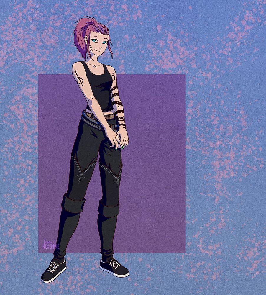 digital illustration of a woman in a full black outfit consisting of a tank top, pants, and canvas sneakers. she has long pink hair tied back in a high ponytail and tattoos of a symbolized hanged man on her right shoulder and a celstial snake winding around her left arm.