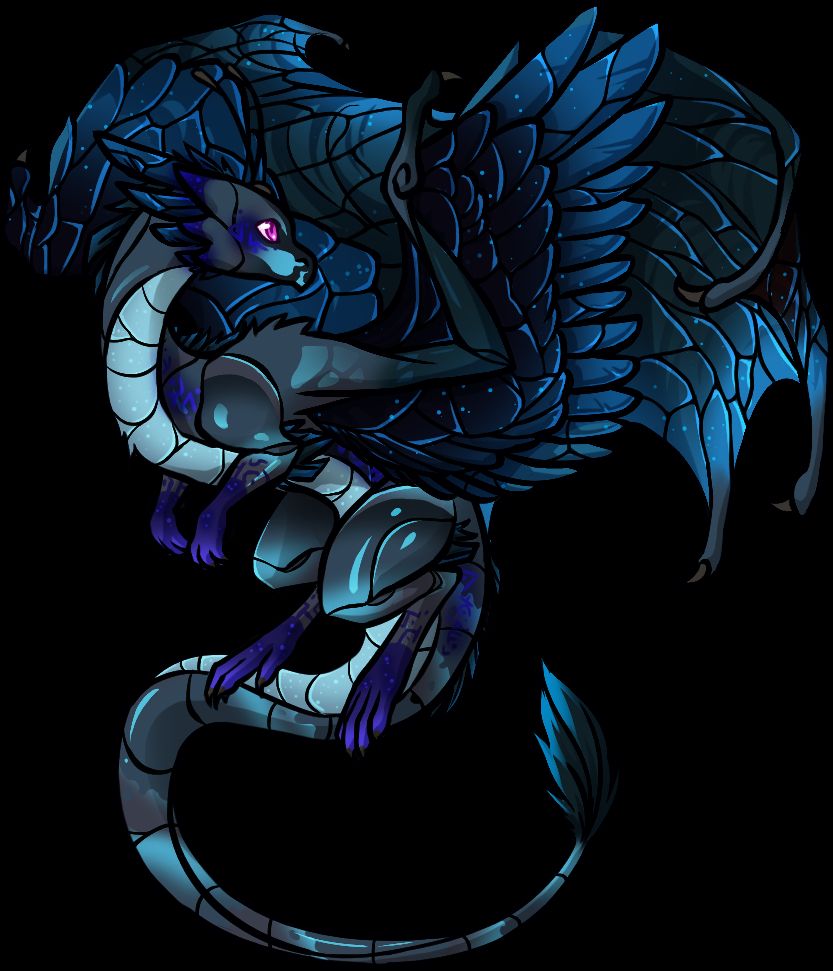 digital art. adopt of a flight rising skydancer dragon with dark and light blue colouring. its genes are wasp primary, bee secondary, and runes tertiary.
