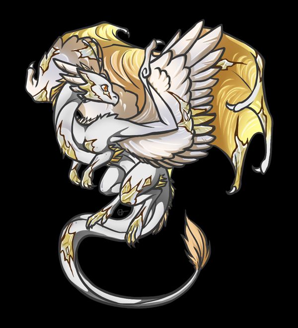 digital art. adopt of a flight rising skydancer dragon with white and gold colouring. its genes are metallic primary, shimmer secondary, and opal tertiary.
