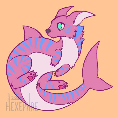 digital art of a chibi manokit. it's pink with soft blue stripes.