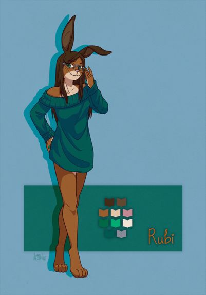 digital illustration of an auburn rabbit anthro with brown hair, wearing a loose teal sweater and glasses