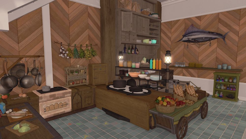 ffxiv screenshot of a large house interior. underneath the right staircase is the kitchen, set up in a sort of E shape, with stoves and shelves, a table full of fresh bread and fruits, and a mounted fish on the far wall.