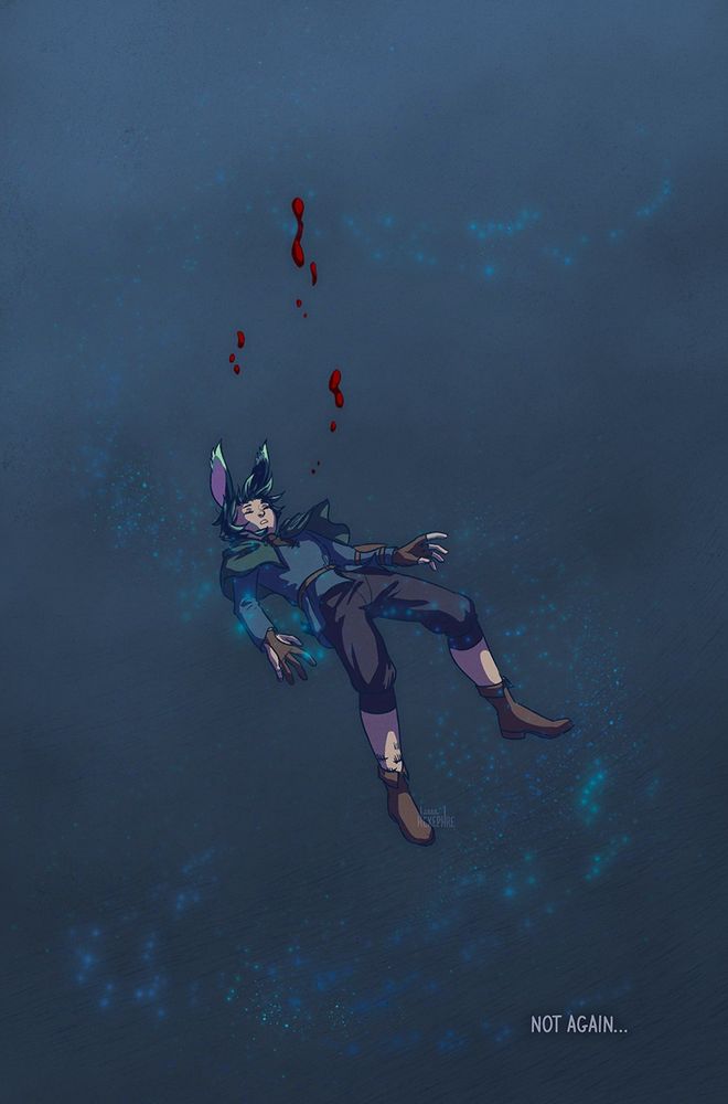 Comic page (1 of 12)

A full page with a hazy blue background and lighter blue particles swirling downward. A Viera with dark teal hair and light green tips floats in the space, their eyes closed, droplets of blood floating above them. They're wearing a blue tunic, a green hooded capelet, cropped navy trousers, leather boots, and archery gloves and an arm guard. Tally marks are tattooed a little less than halfway up their left shin.

At the bottom right of the page, text reads: "Not again..."