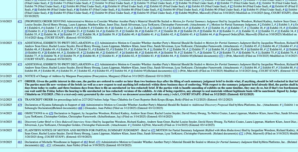 A screenshot of the Kadrey et al docket. The text is too long to meet Bluesky's alt text requirements, but this information shows the most recent filing was March 19, 2025 with a partial summary judgment motion filed by Plaintiffs. 