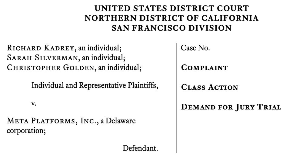 A screenshot from a legal complaint that states, "UNITED STATES DISTRICT COURT
NORTHERN DISTRICT OF CALIFORNIA
SAN FRANCISCO DIVISION
Richard Kadrey, an individual;
Sarah Silverman, an individual;
Christopher Golden, an individual;
Individual and Representative Plaintiffs,
v.
Meta Platforms, Inc., a Delaware
corporation;
Case No.
Complaint
Class Action
Demand for Jury Trial
Defendant."