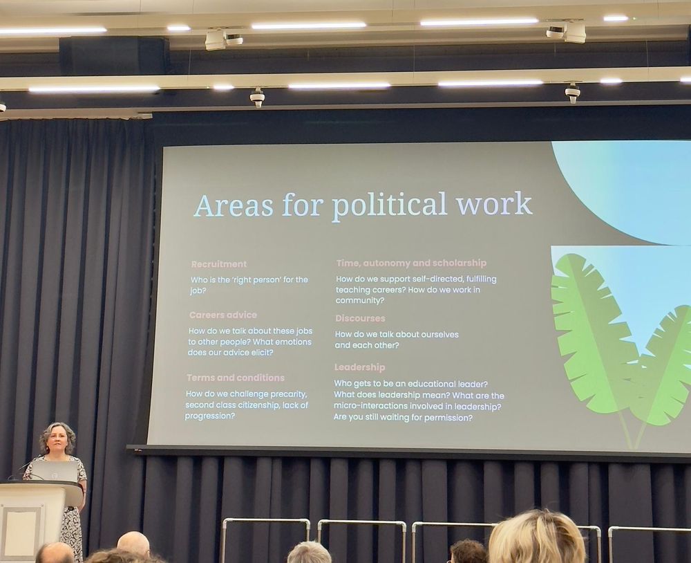Cathy Elliott at Aspire Launch in front of a slide discussing the key areas for political engagement for the teaching track (including recruitment, careers advice, terms and conditions, time, autonomy and scholarship, discourses and leadership)