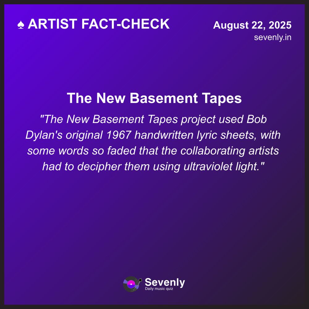 Fact about The New Basement Tapes related to the Sevenly quiz topic 'something new' on August 22, 2025. Fact: The New Basement Tapes project used Bob Dylan's original 1967 handwritten lyric sheets, with some wo...