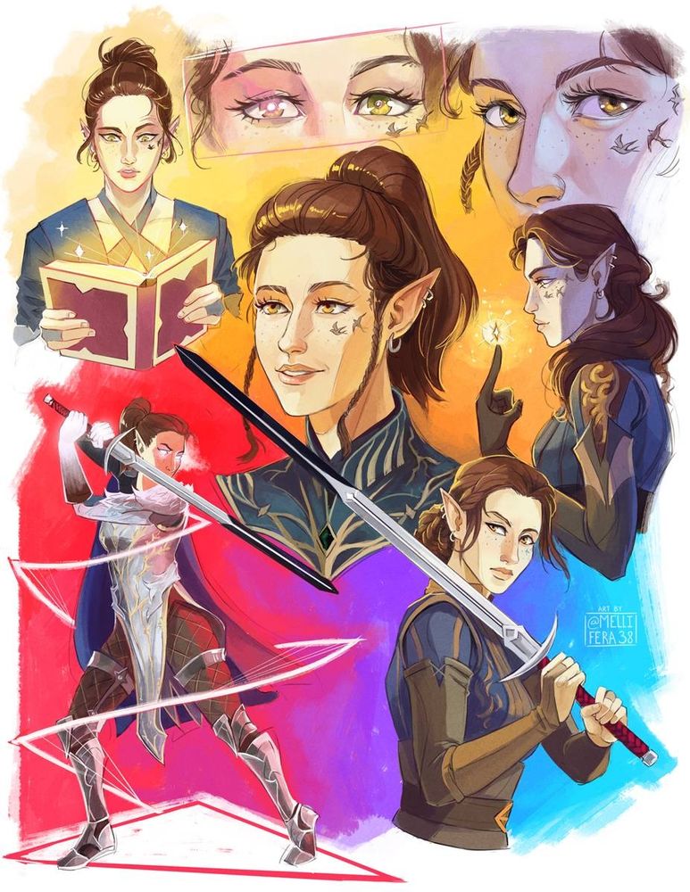 An art piece with a rainbow background and several drawings of a pale brunette elf woman in various pose, from bust through full-body. In some she is wielding a longsword, in one she is reading a book, and some are eye close-ups.