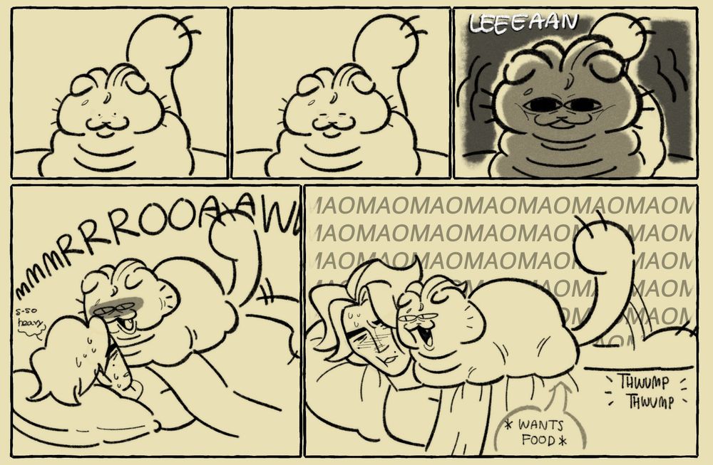 Panel 1: Cat Jayce smiling looking down. 
Panel 2: Cat Jayce blinking.
Panel 3: Cat Jayce leaning forward menacingly.
Panel 4: Cat Jayce begins a long meow and leaning towards Viktor, who is distressed from the heavy weight on his chest (Cat Jayce)
Panel 5: Cat Jayce meows repeatedly towards Viktor, squishing against his face. Cat Jayce is hungry and wants food from Viktor. 