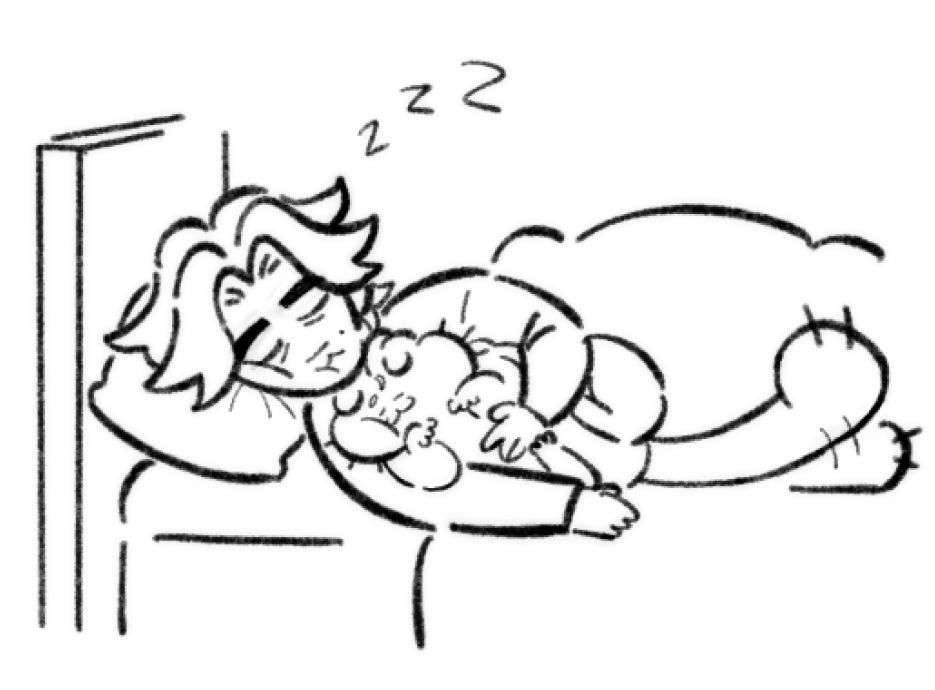 viktor sleeping with his arms wrapped around a sleeping cat jayce 