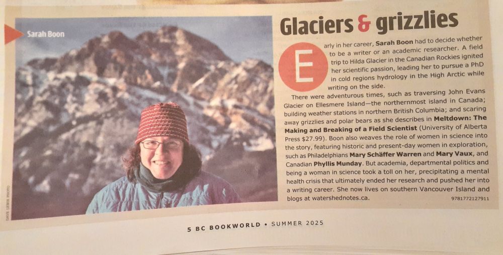 BC Bookworld article with, on the left, a photo of a brown-haired white woman wearing a toque and parka against a backdrop of mountains. On the right is the text, with a headline that says "Glaciers and grizzlies."