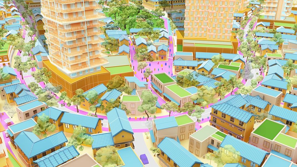 View of proposed new neighbourhood in Seoul with low-rise buildings along streets and tall storers set inside courtyards and away from public spaces. Images by Smart Density. 