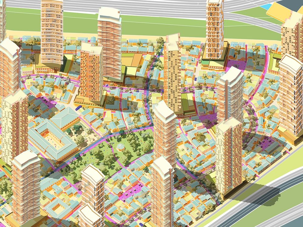Birds-eye view of proposed Banpo-dong neighbourhood in Seoul. Towers are widely spaced apart from each other leaving amble space for a network of narrow streets with low-rise buildings to weave between them. Images by Smart Density. 